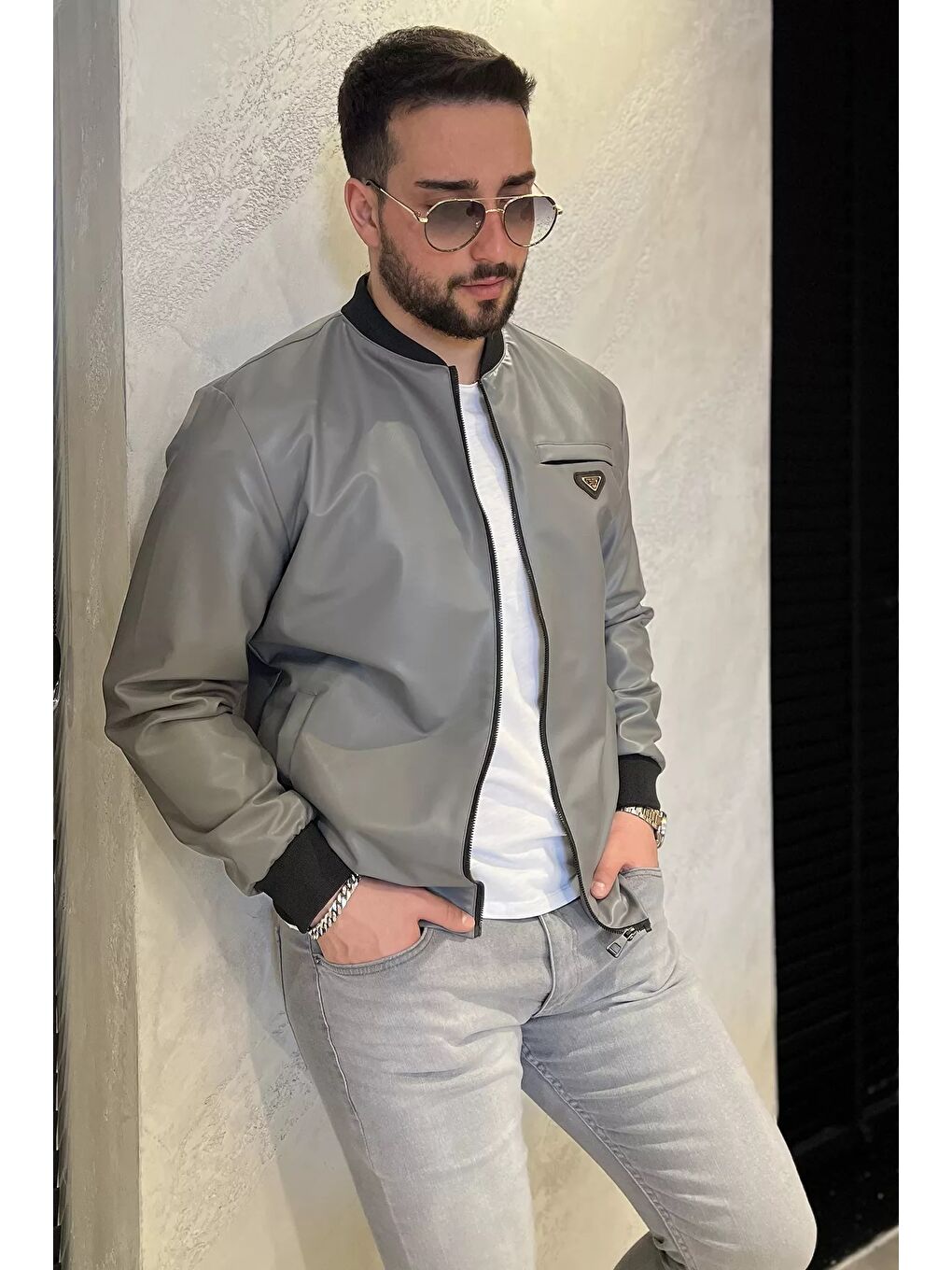 Gri Erkek Astarlı Suni Deri Mevsimlik Mont