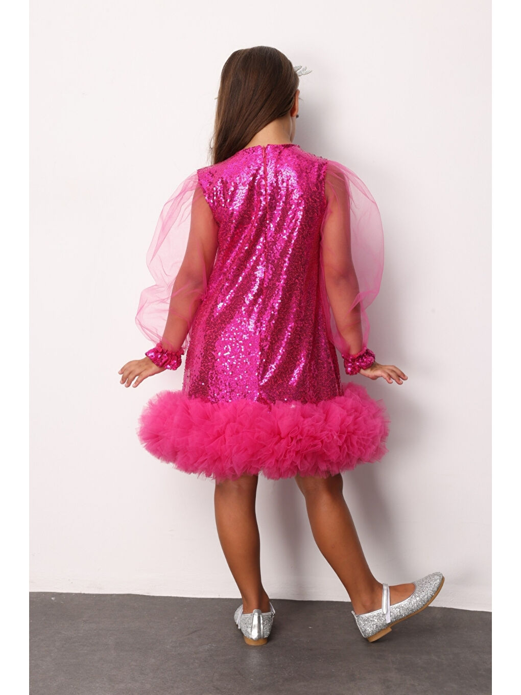 Fuşya Pullu Etek Ucu Tüllü Kız Çocuk Elbise - Balenca-3