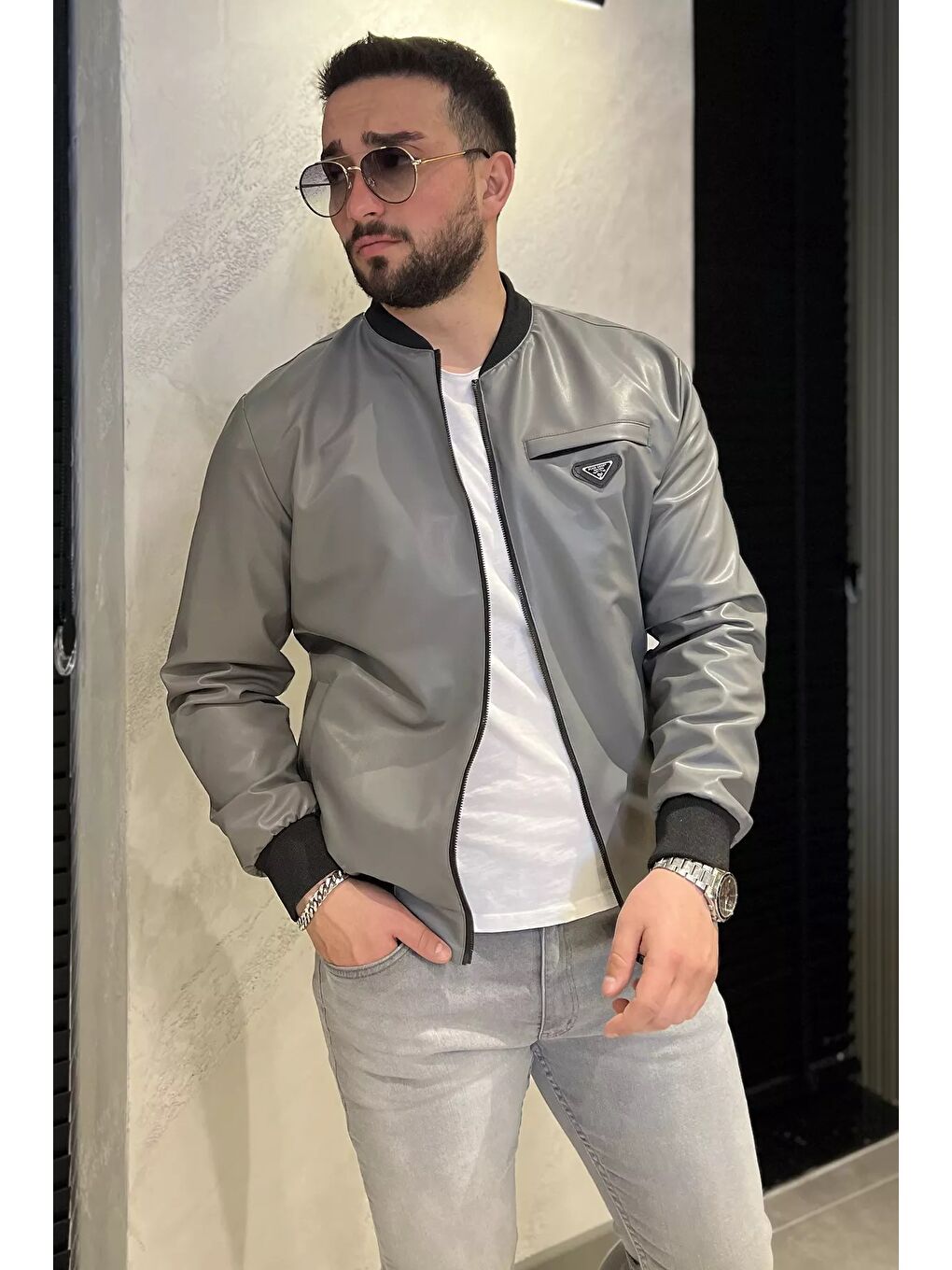 Gri Erkek Astarlı Suni Deri Mevsimlik Mont-1