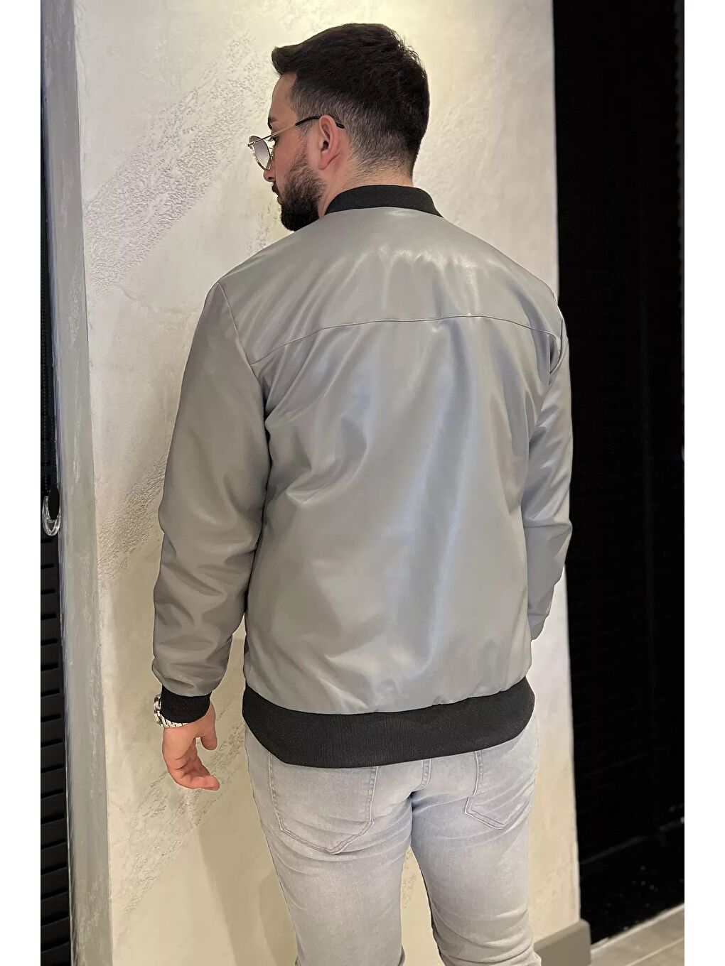 Gri Erkek Astarlı Suni Deri Mevsimlik Mont-2