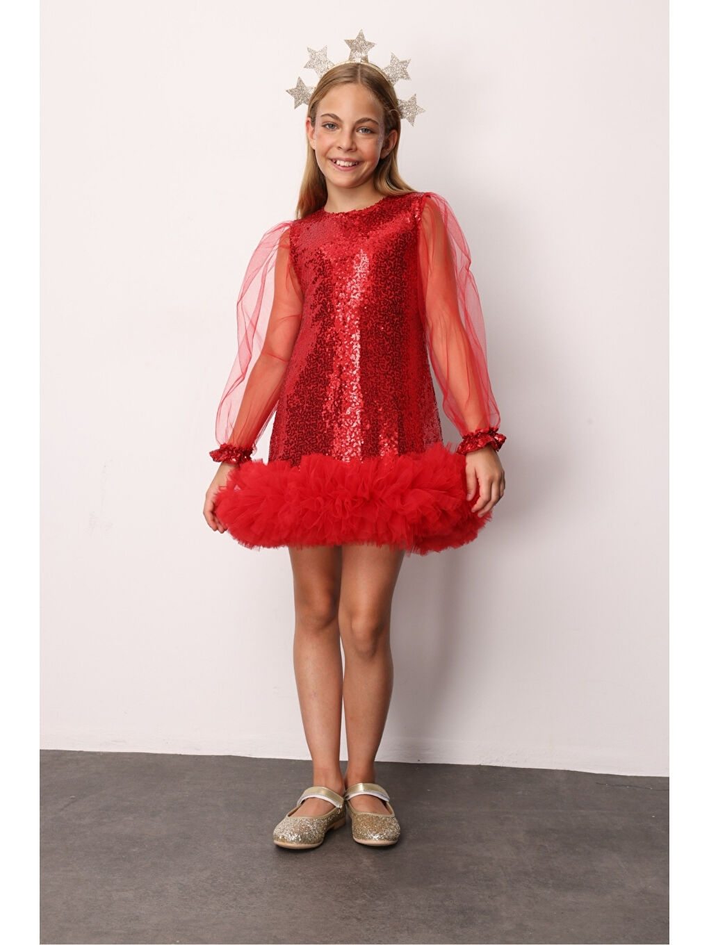 Kırmızı Pullu Etek Ucu Tüllü Kız Çocuk Elbise - Balenca-1