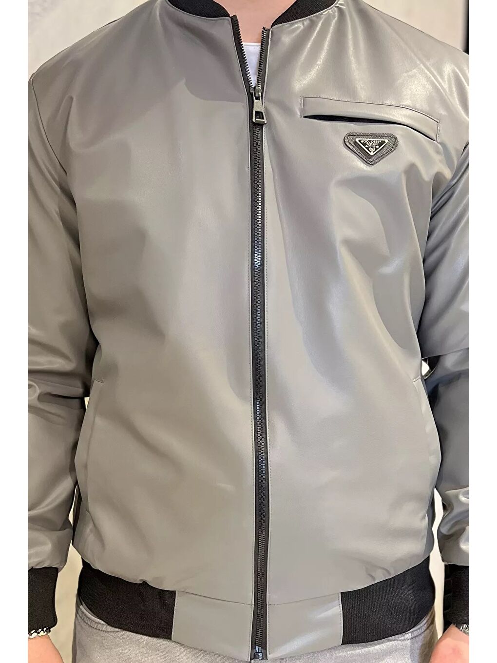 Gri Erkek Astarlı Suni Deri Mevsimlik Mont-3