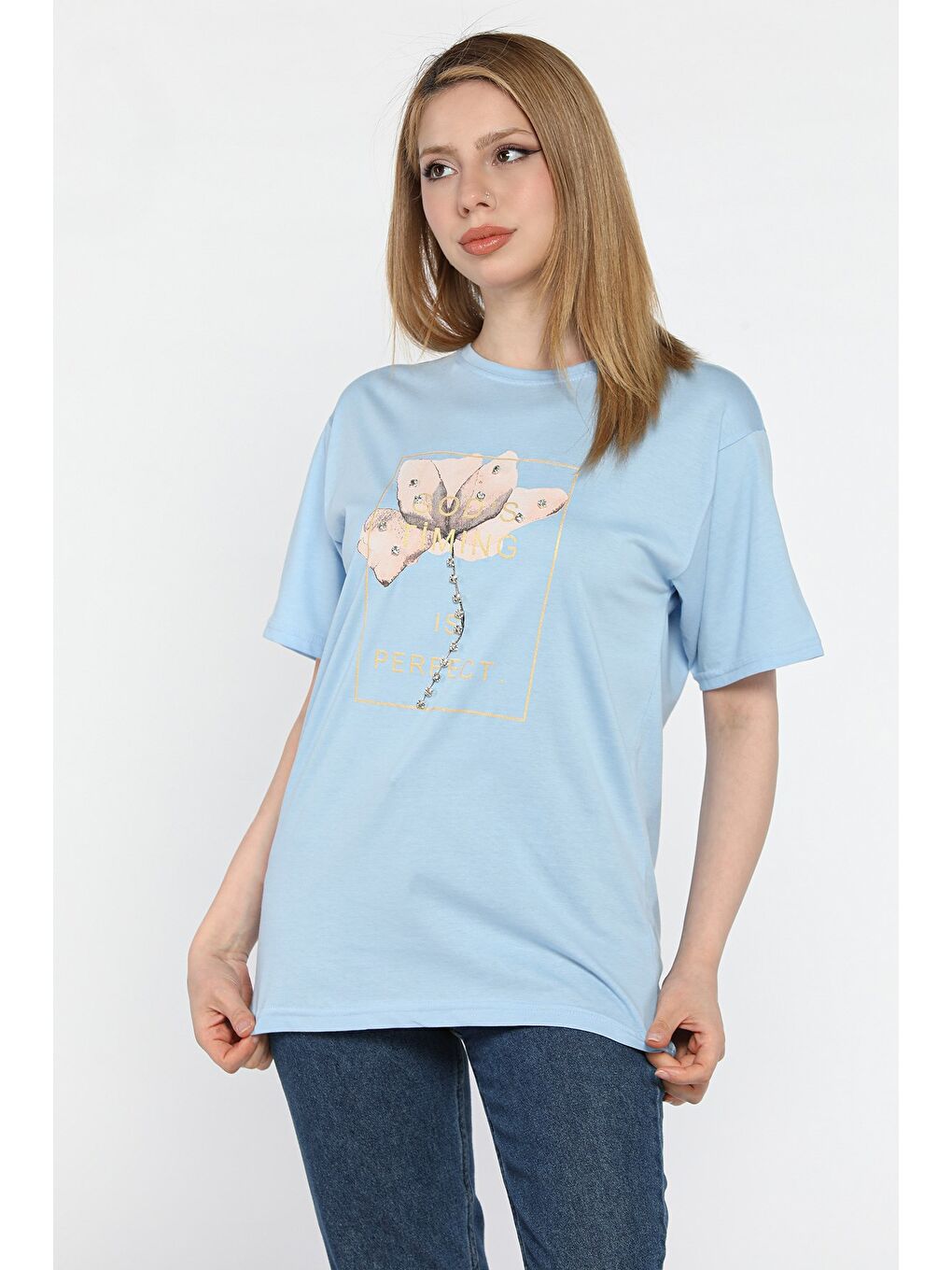 Mavi Bisiklet Yaka Taş Detaylı Baskılı Kadın Tişört-1