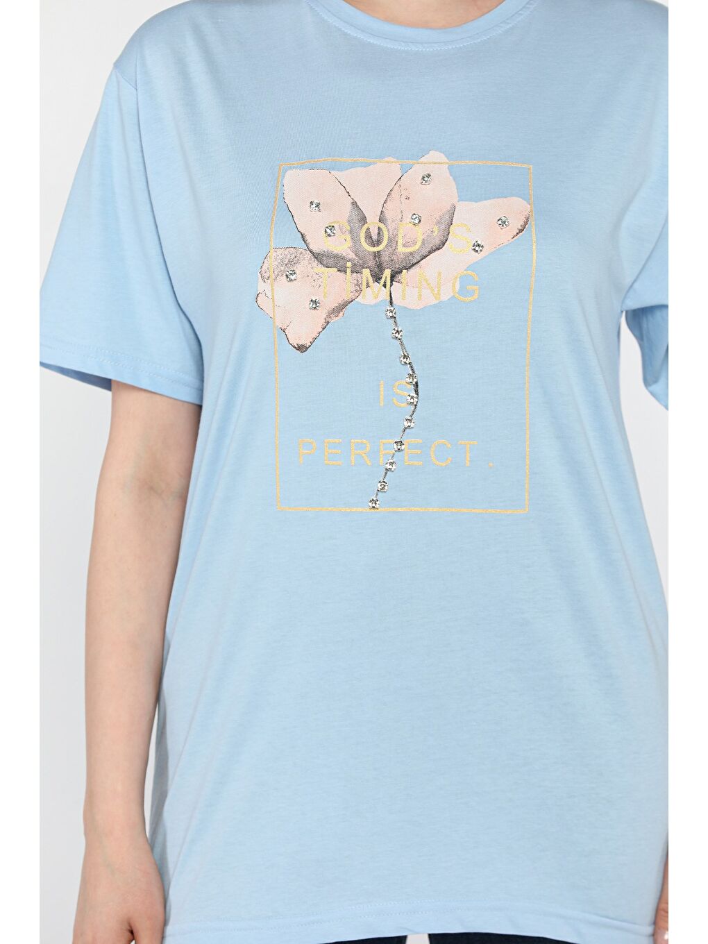 Mavi Bisiklet Yaka Taş Detaylı Baskılı Kadın Tişört-3