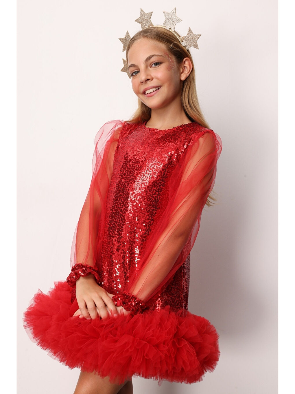 Kırmızı Pullu Etek Ucu Tüllü Kız Çocuk Elbise - Balenca-2