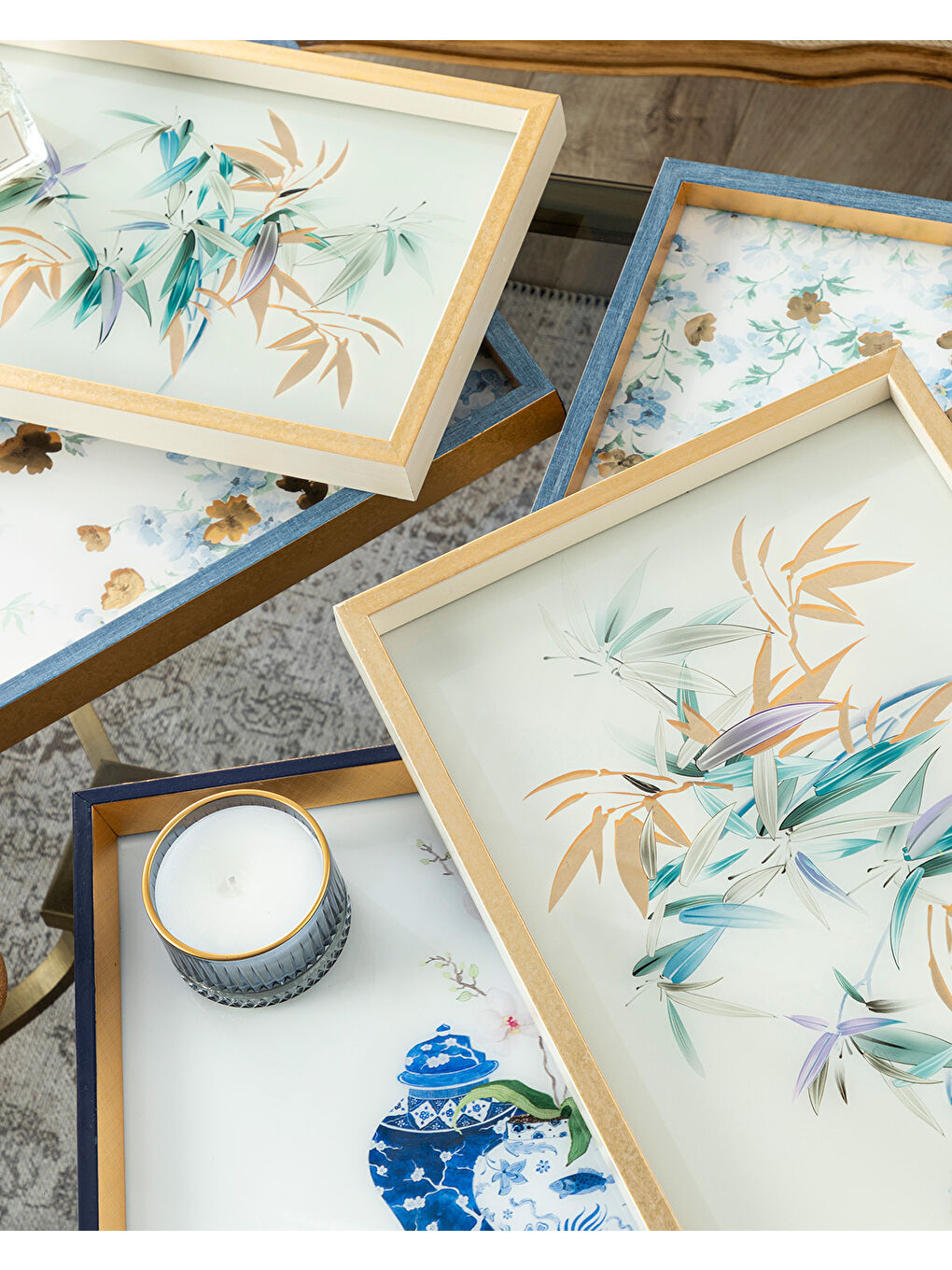 Sarı Bleu Blanc Cam Dekoratif Tepsi Gold-3