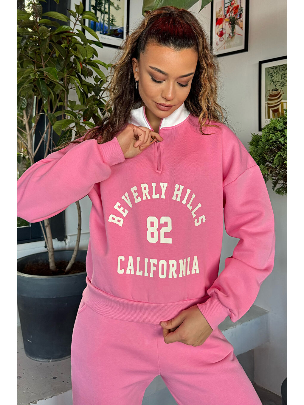 GÜLSELİ Pembe Yarım Fermuarlı Şardonlu Kadın Sweatshirt - 1