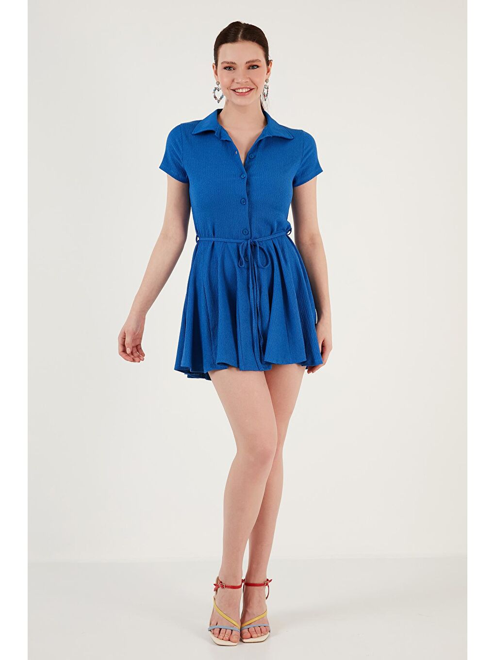 Mavi Bağlama Detaylı Mini Gömlek Elbise 5865572-2