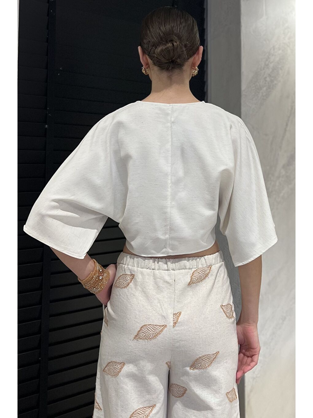 Bej Kadın Ön Bağlama Detaylı Yazlık Salaş Keten Gömlek-2