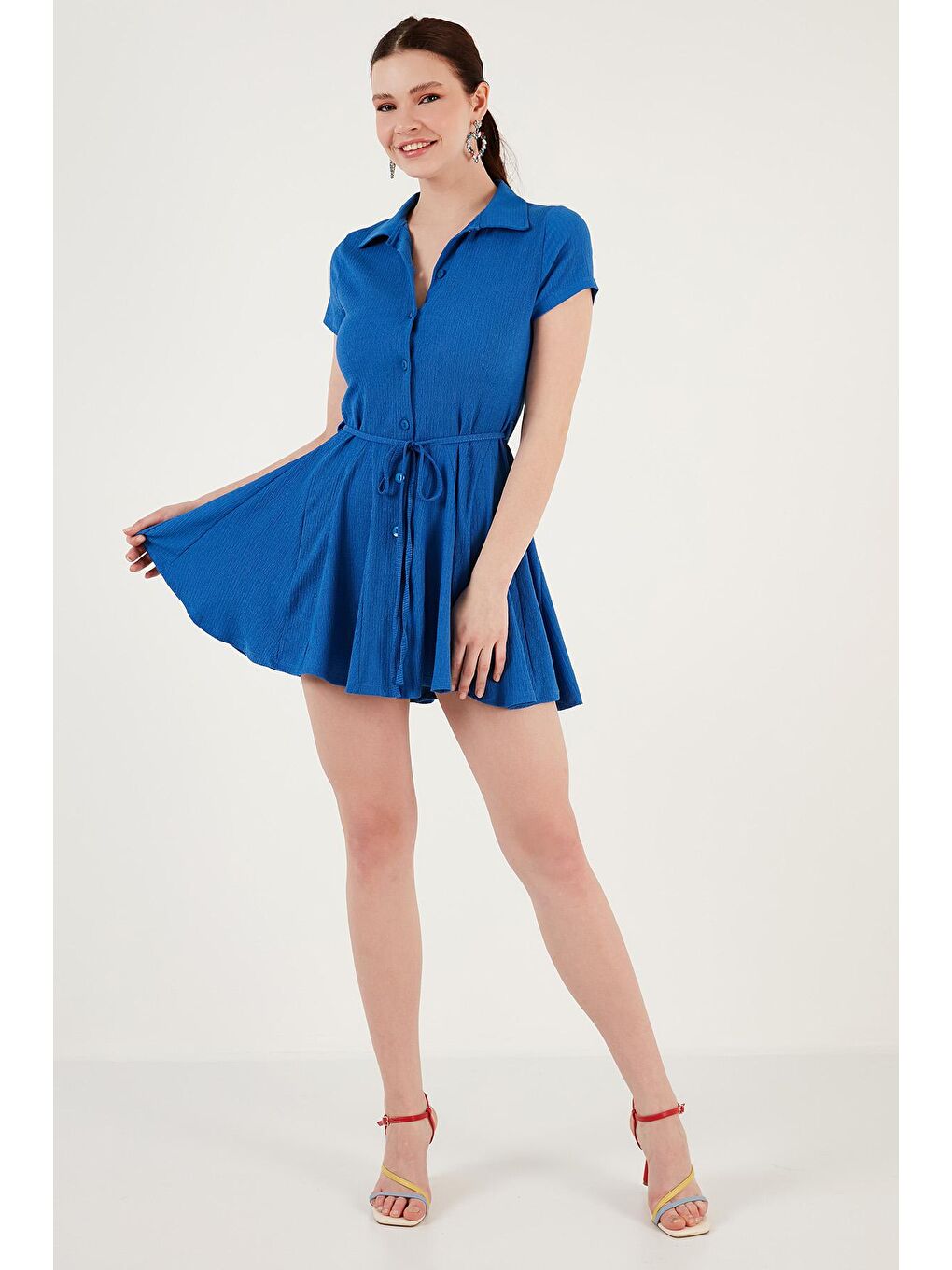 Mavi Bağlama Detaylı Mini Gömlek Elbise 5865572-3
