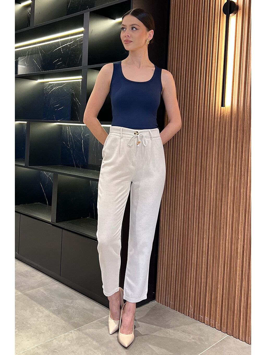 Bej Kadın Yüksek Bel Duble Paça Keten Pantolon-1