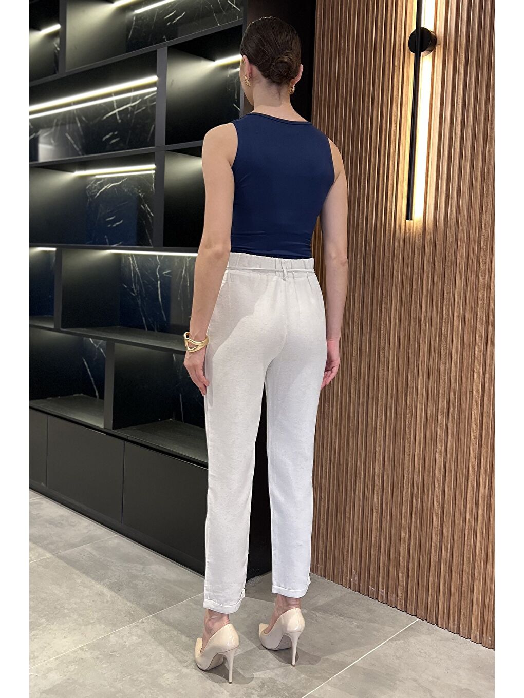 Bej Kadın Yüksek Bel Duble Paça Keten Pantolon-2