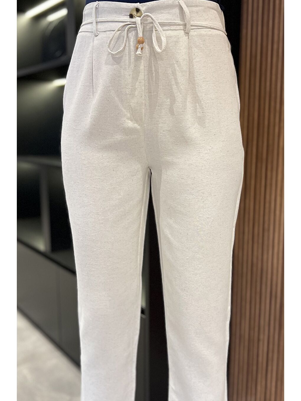 Bej Kadın Yüksek Bel Duble Paça Keten Pantolon-3