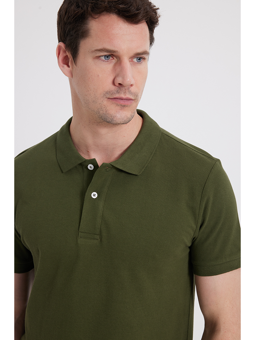 Erkek Slim Fit Dar Kesim %100 Pamuk Haki Polo Yaka Tişört-1
