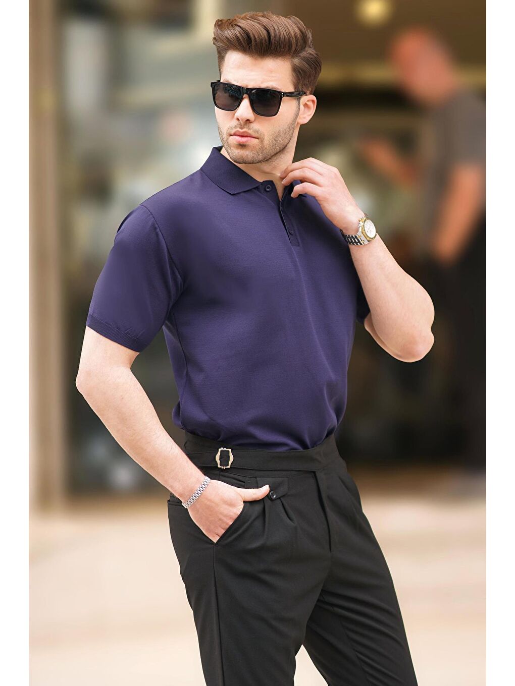 Lacivert Erkek Polo Yaka Düz Tişört 6882-1