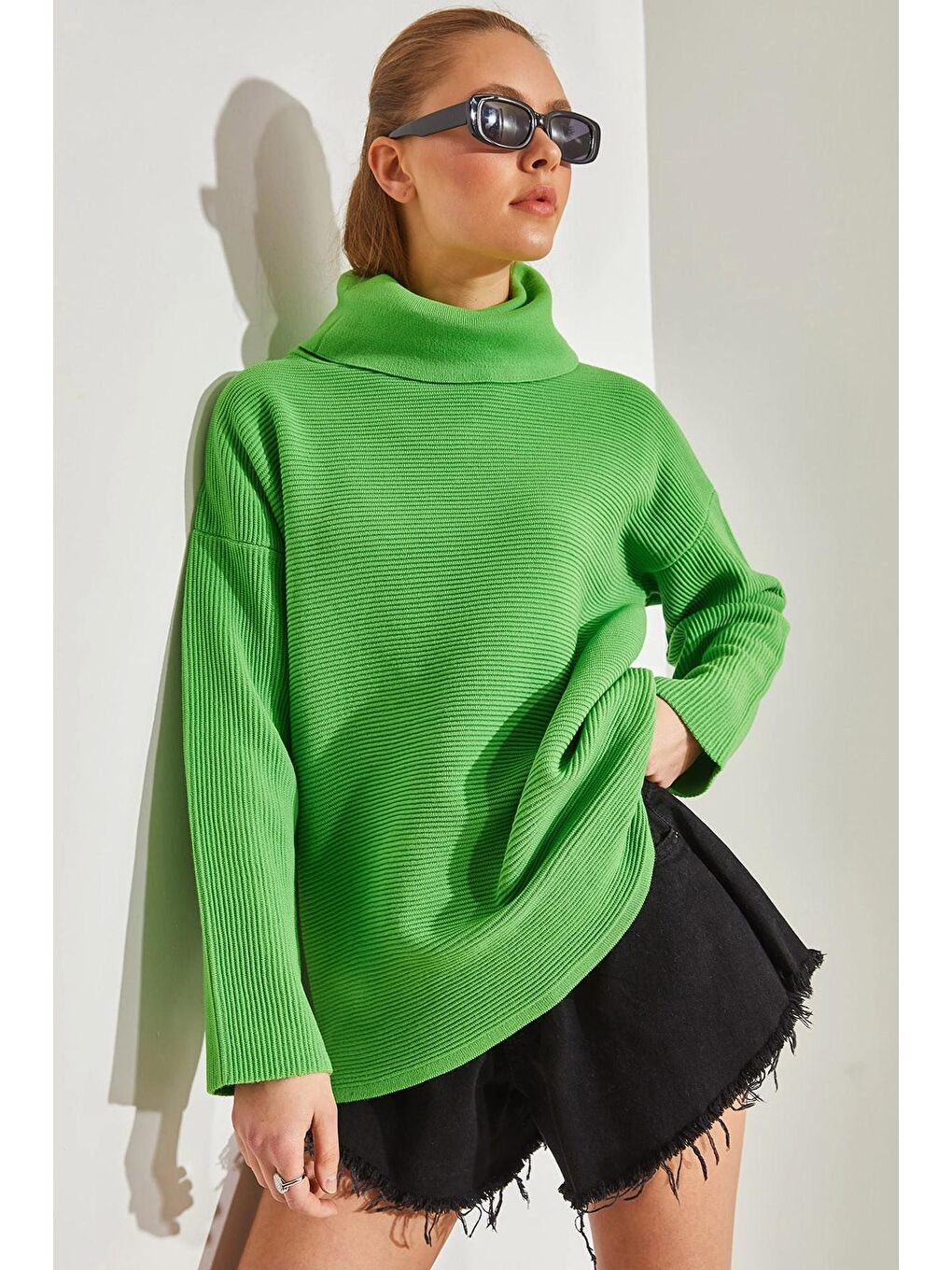 Yeşil Kadın Balıkçı Yaka Ottoman Örgü Oversize Triko Kazak