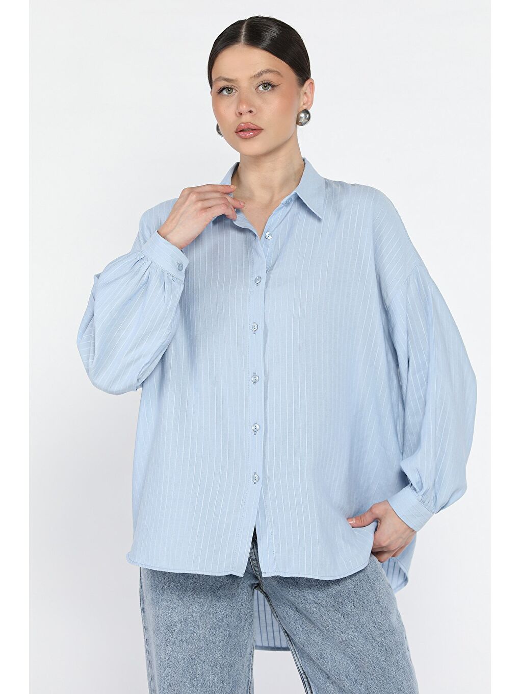 Mavi Çizgi Desenli Kadın Gömlek
