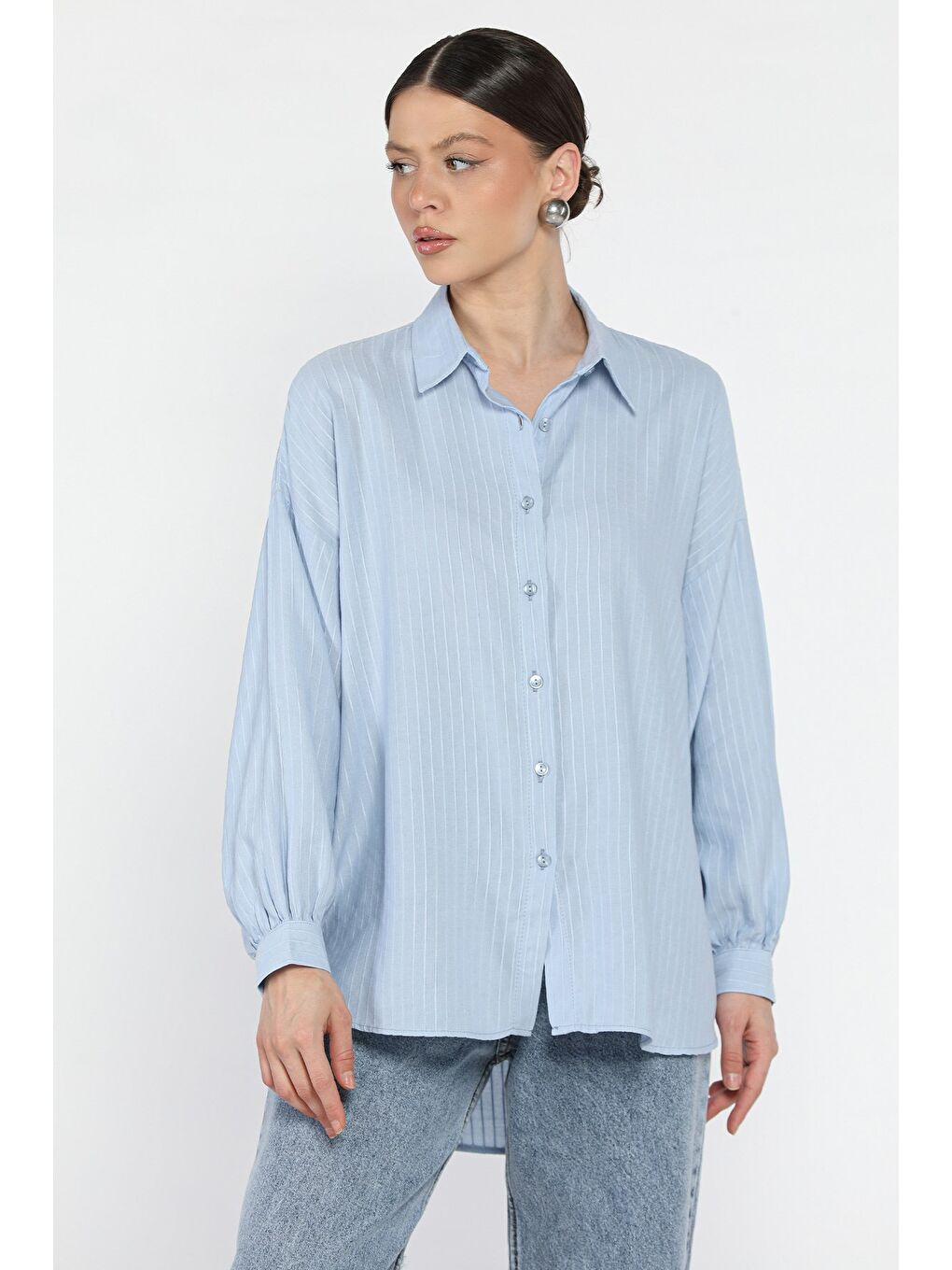 Mavi Çizgi Desenli Kadın Gömlek-1