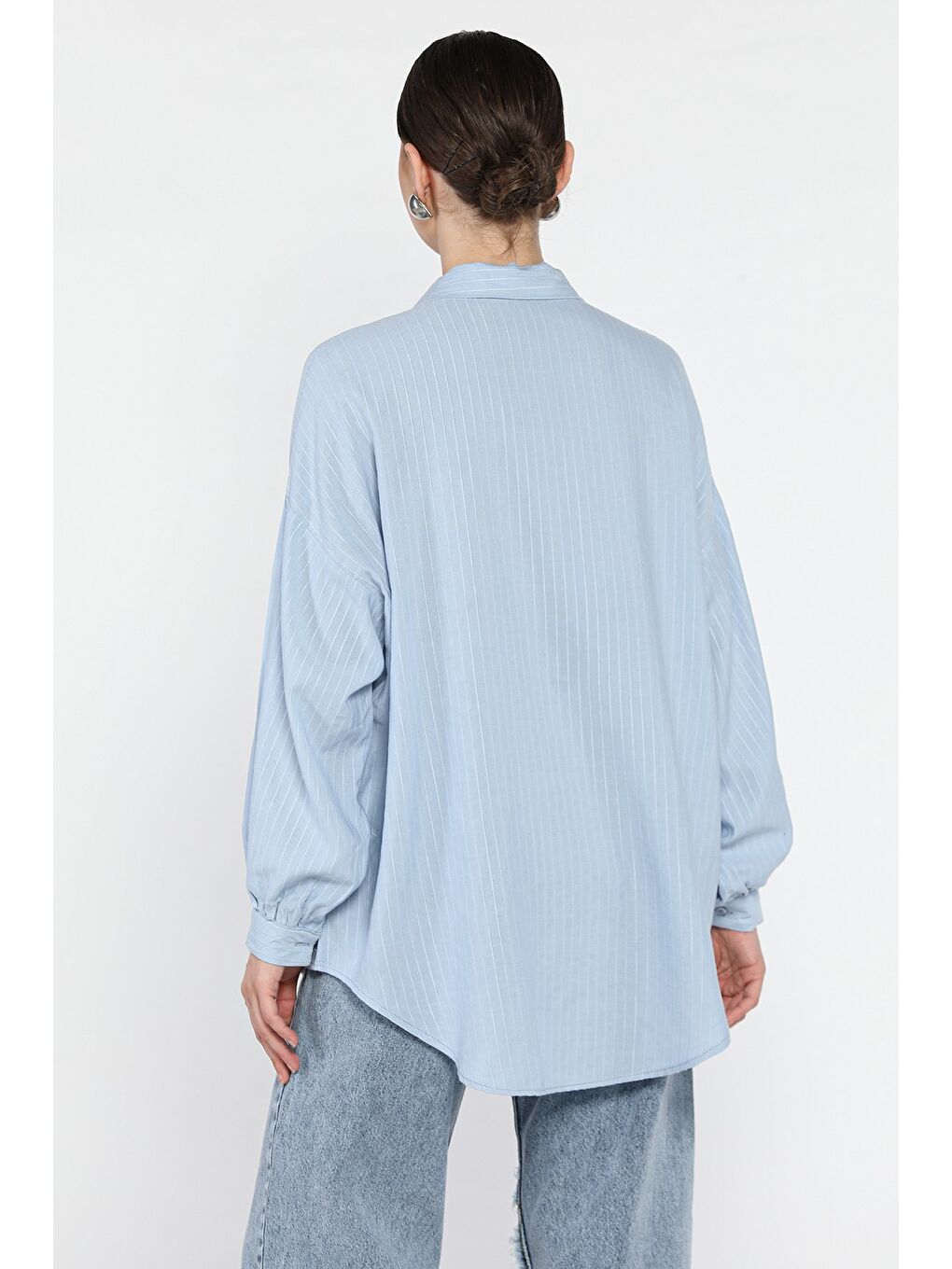 Mavi Çizgi Desenli Kadın Gömlek-2