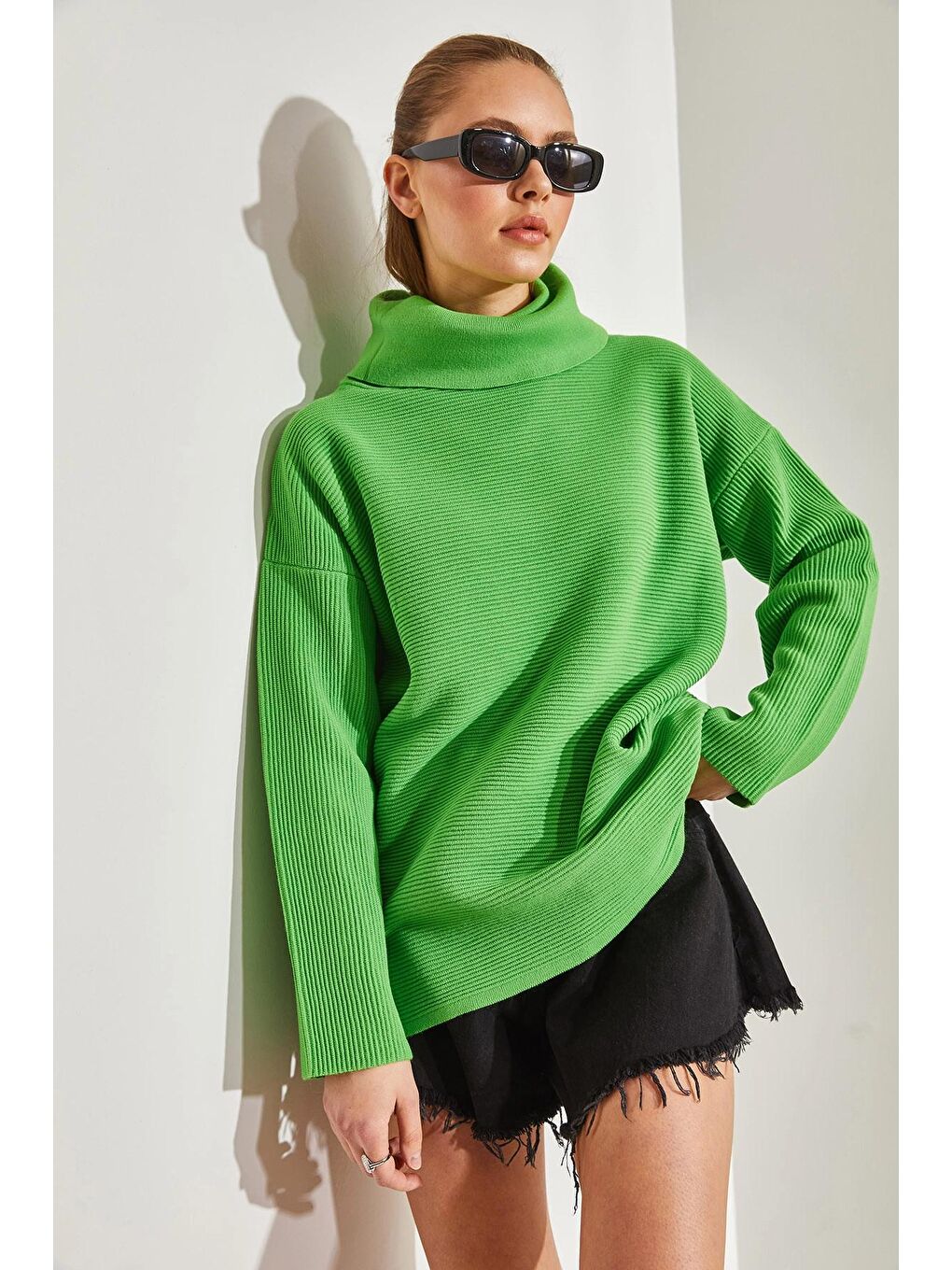 Yeşil Kadın Balıkçı Yaka Ottoman Örgü Oversize Triko Kazak-1