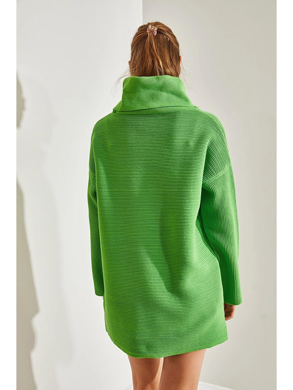 Yeşil Kadın Balıkçı Yaka Ottoman Örgü Oversize Triko Kazak-2