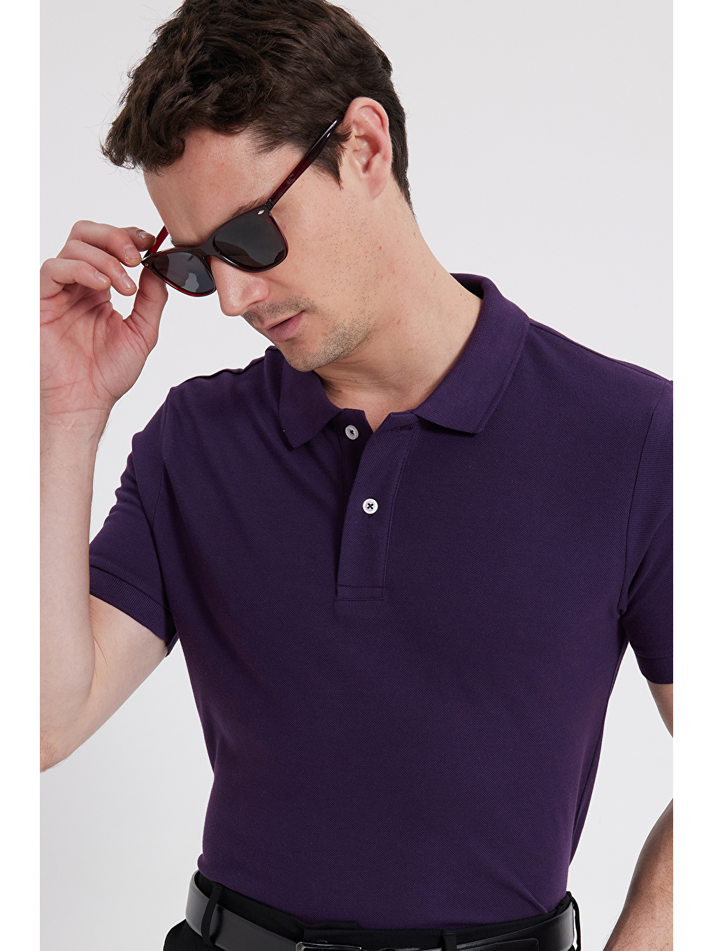 Erkek Slim Fit Dar Kesim %100 Pamuk Mor Polo Yaka Tişört-1
