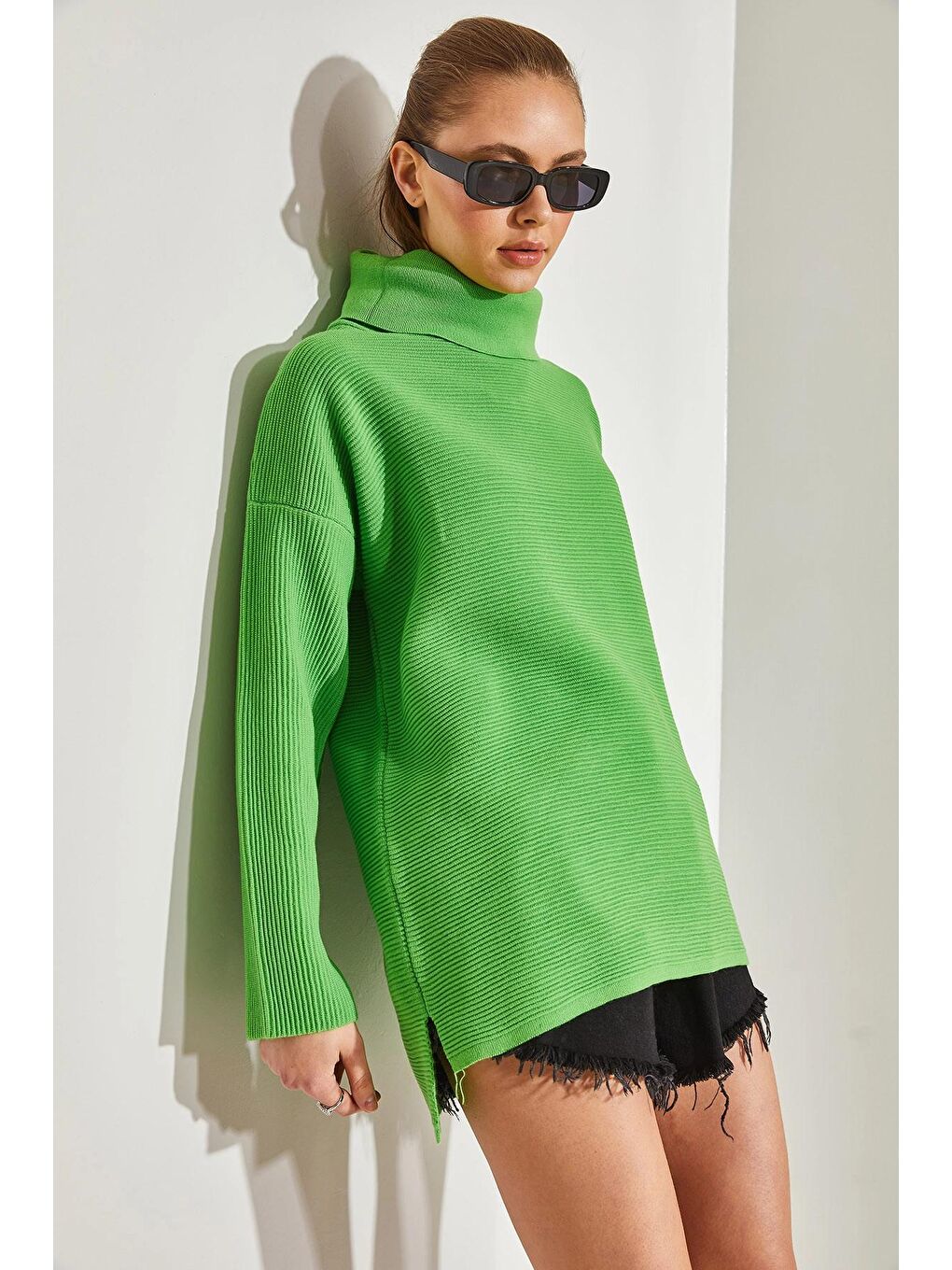 Yeşil Kadın Balıkçı Yaka Ottoman Örgü Oversize Triko Kazak-3