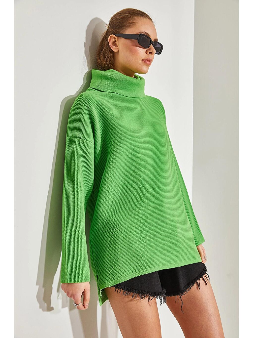 Yeşil Kadın Balıkçı Yaka Ottoman Örgü Oversize Triko Kazak-4
