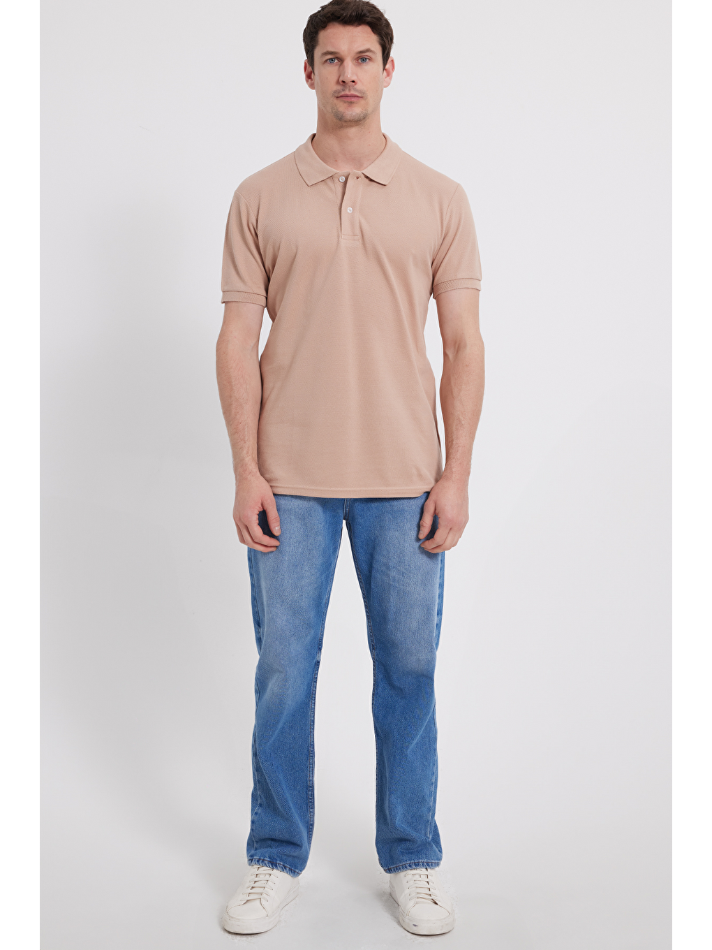 Erkek Slim Fit Dar Kesim %100 Pamuk Bej Polo Yaka Tişört-2