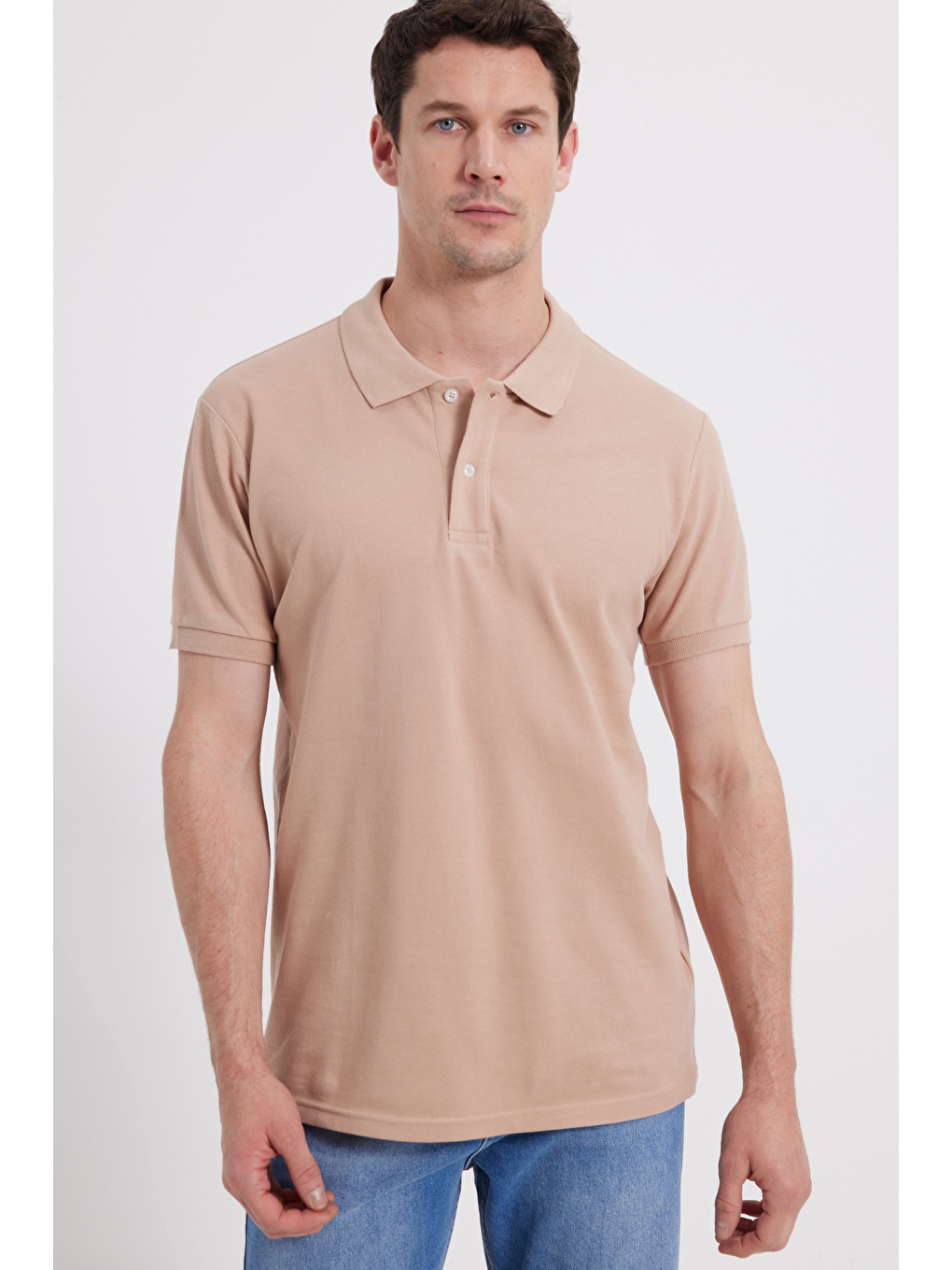 Erkek Slim Fit Dar Kesim %100 Pamuk Bej Polo Yaka Tişört-5