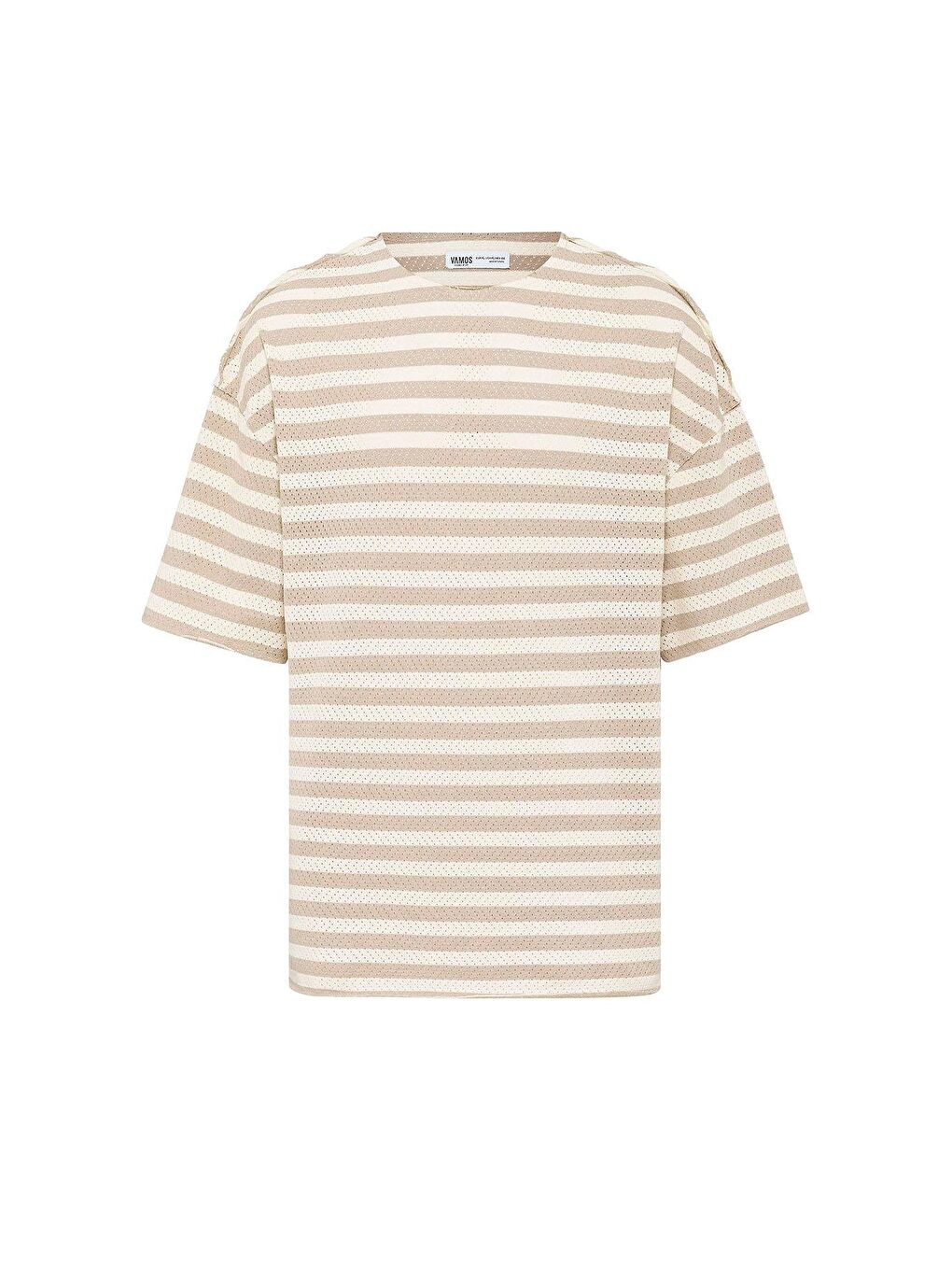 Bej Çizgili Oversize Triko Tişört Vizon-1