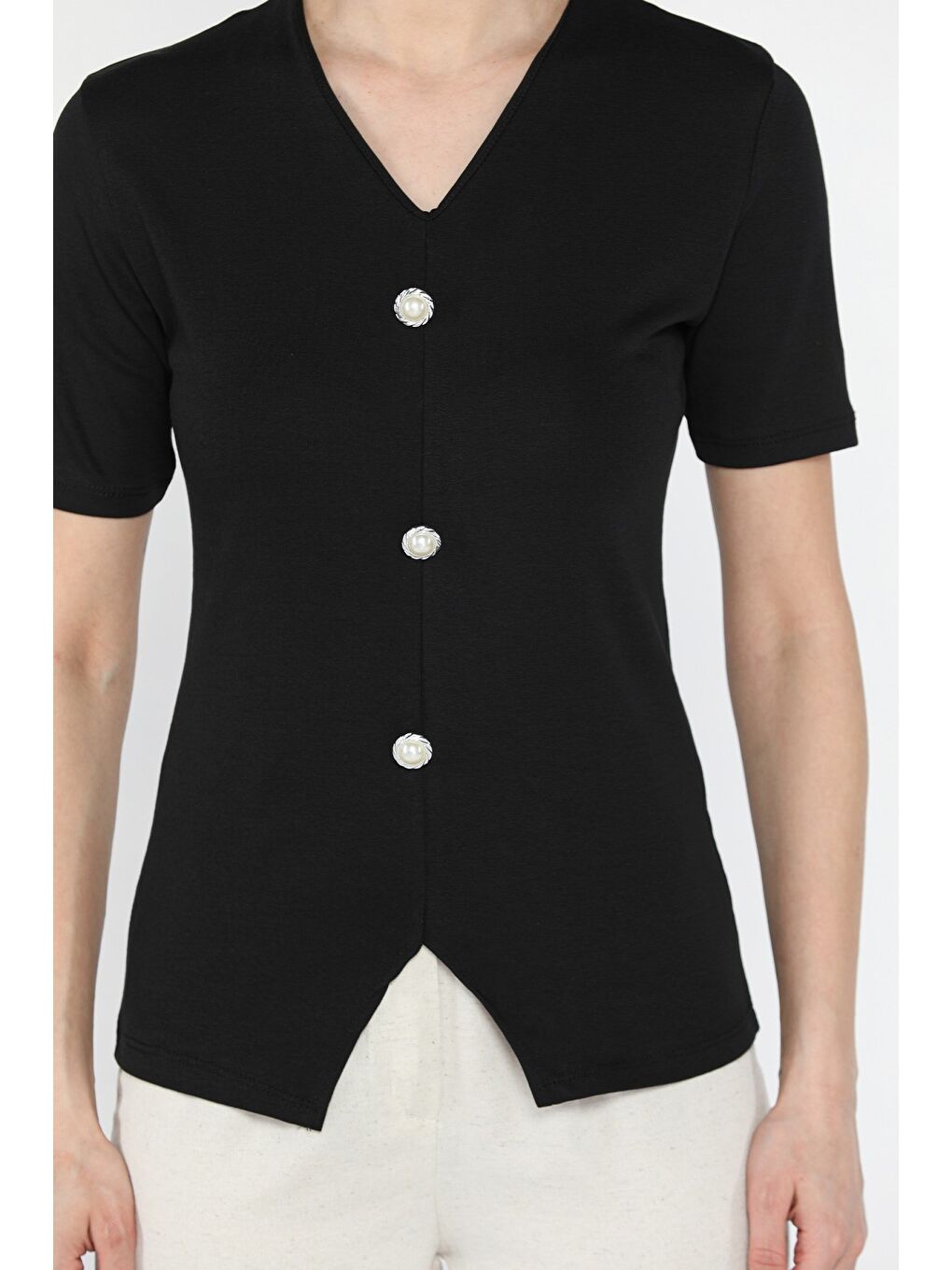 Siyah Kadın İnci Düğme Detaylı Elastanlı Bluz-3