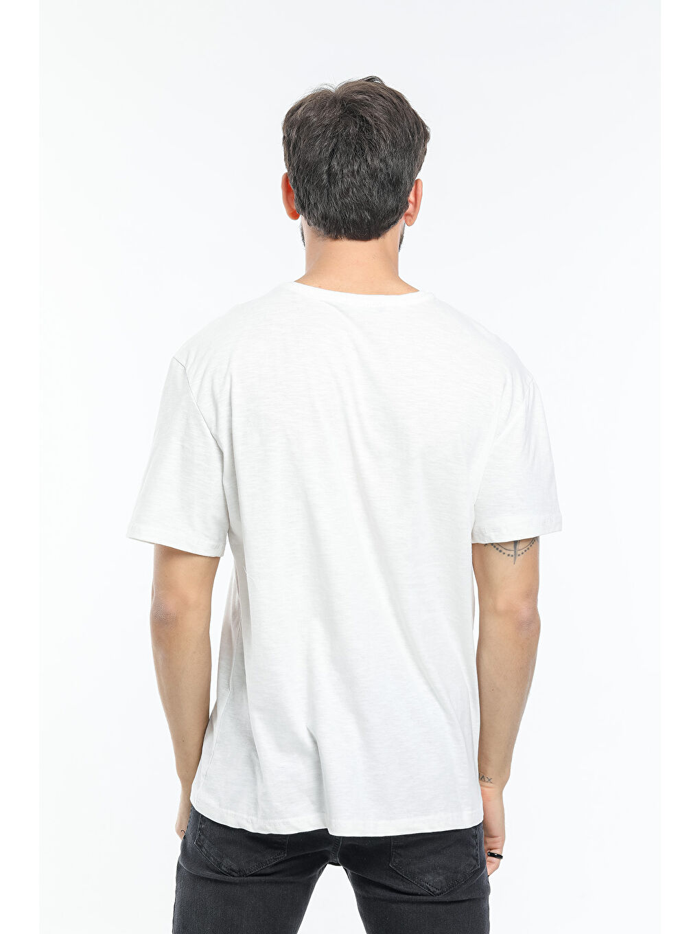 Ekru Erkek Bisiklet Yaka New York Baskılı Büyük Beden Tişört SPR25TS29-1