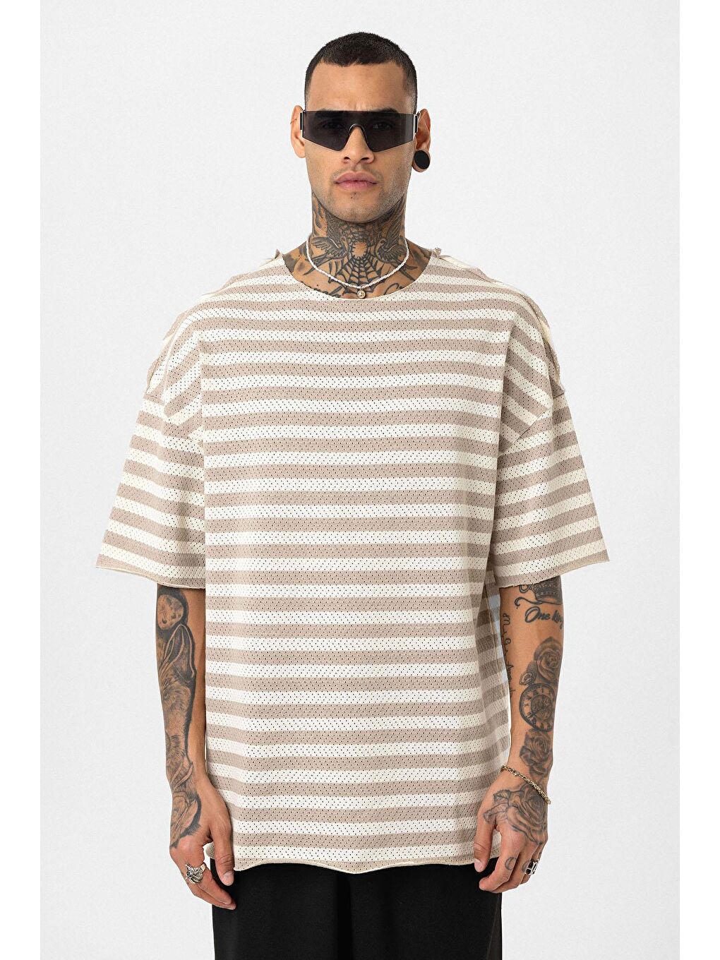 Bej Çizgili Oversize Triko Tişört Vizon-2
