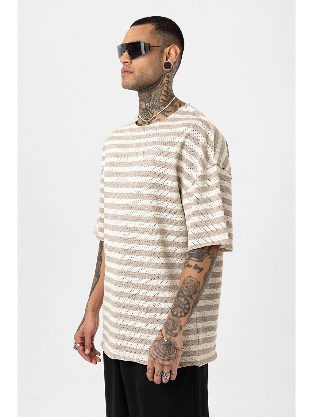 Bej Çizgili Oversize Triko Tişört Vizon-3