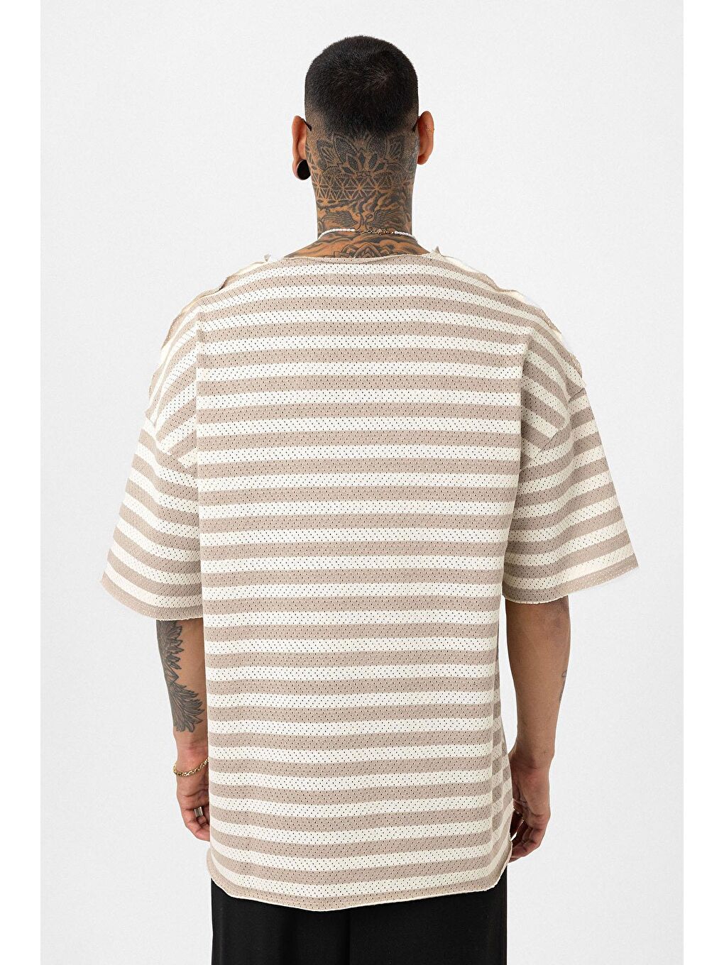 Bej Çizgili Oversize Triko Tişört Vizon-4