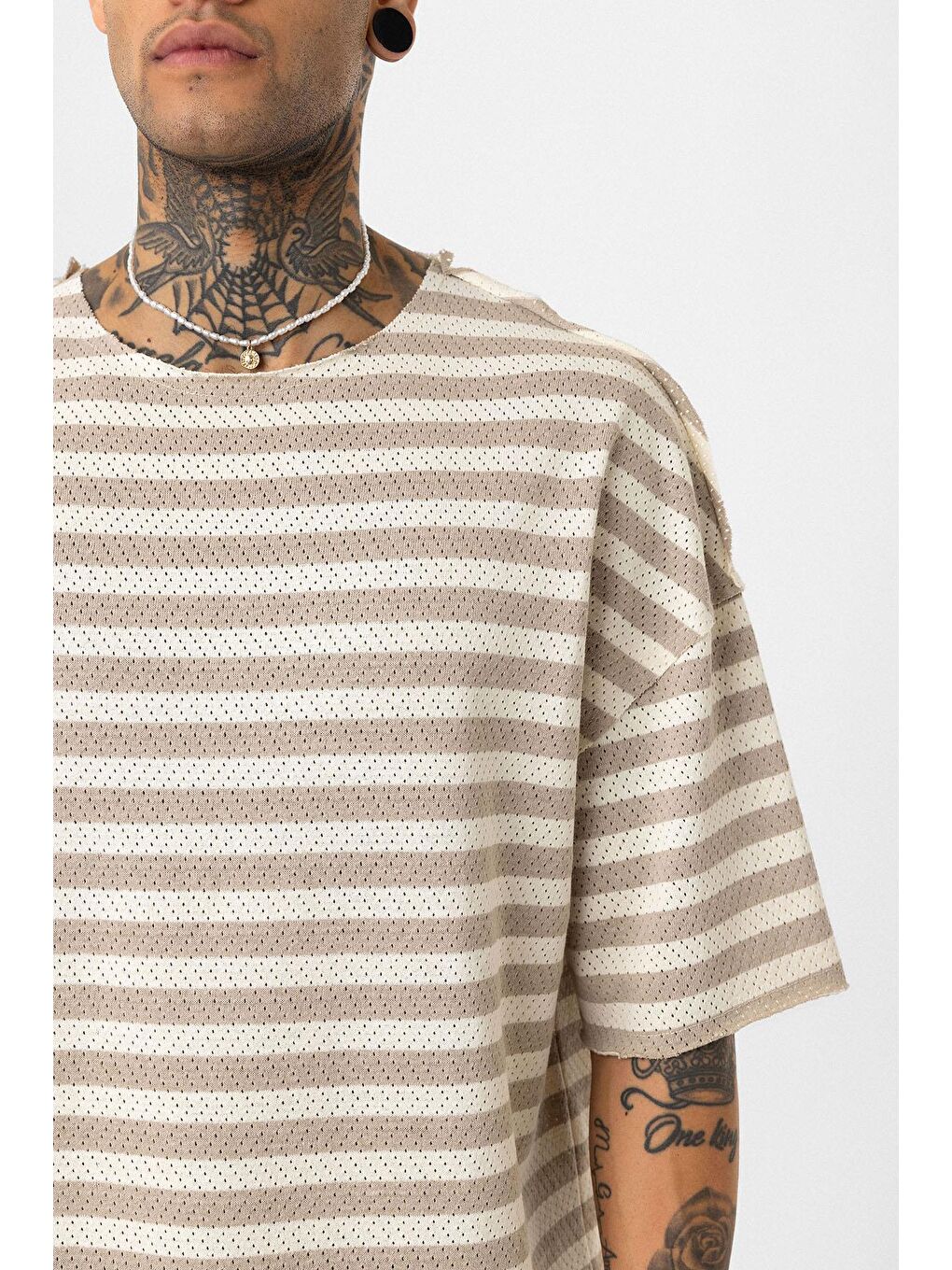 Bej Çizgili Oversize Triko Tişört Vizon-5
