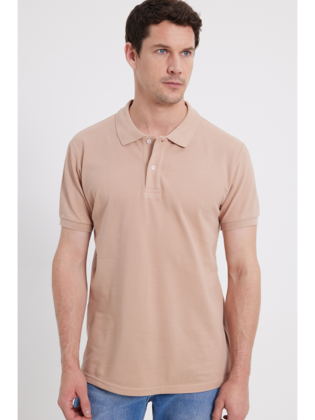 Erkek Slim Fit Dar Kesim %100 Pamuk Bej Polo Yaka Tişört-7
