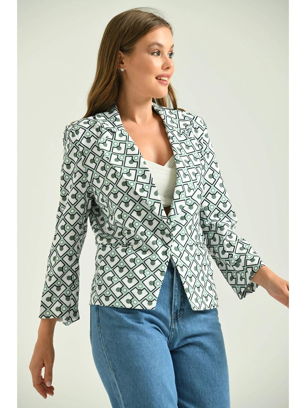 Turkuaz Kadın Mint Desenli Kısa Blazer Ceket