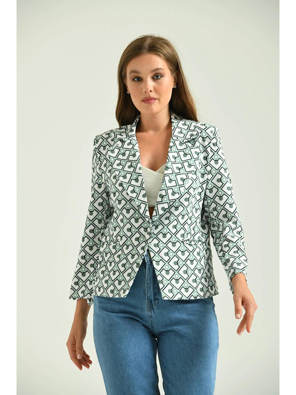 Turkuaz Kadın Mint Desenli Kısa Blazer Ceket-1
