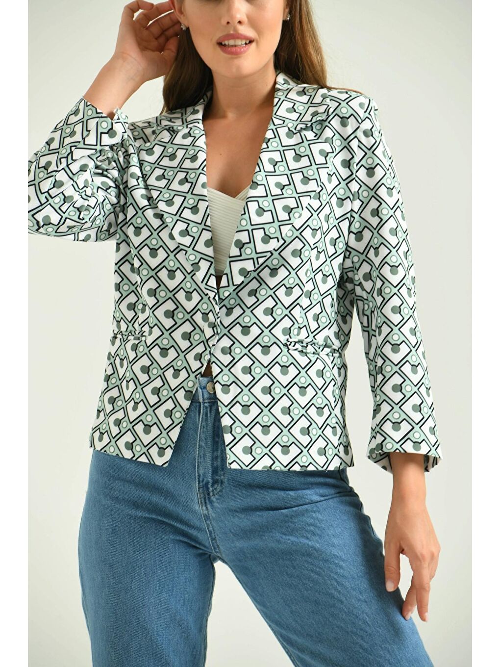Turkuaz Kadın Mint Desenli Kısa Blazer Ceket-2