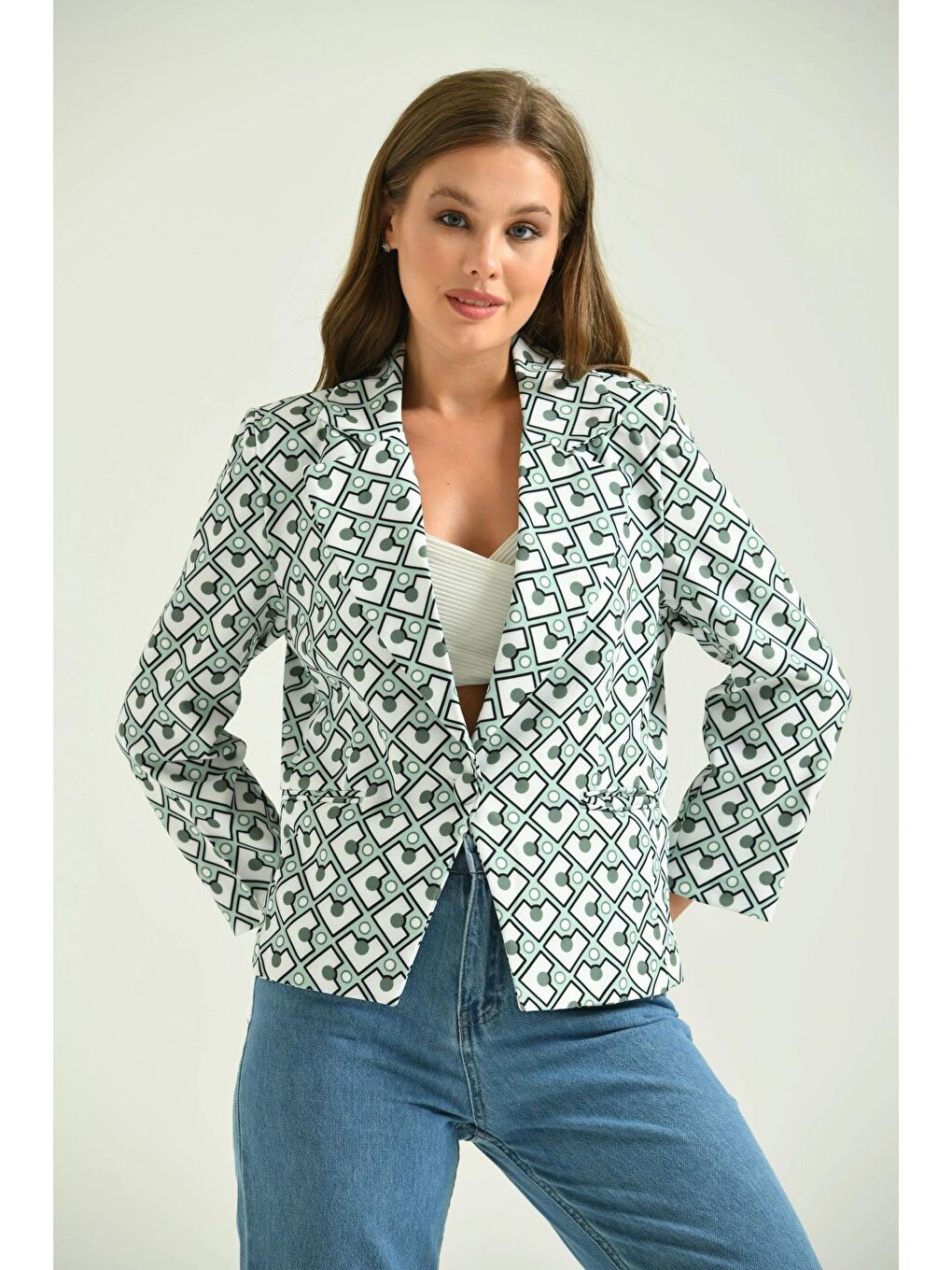 Turkuaz Kadın Mint Desenli Kısa Blazer Ceket-3
