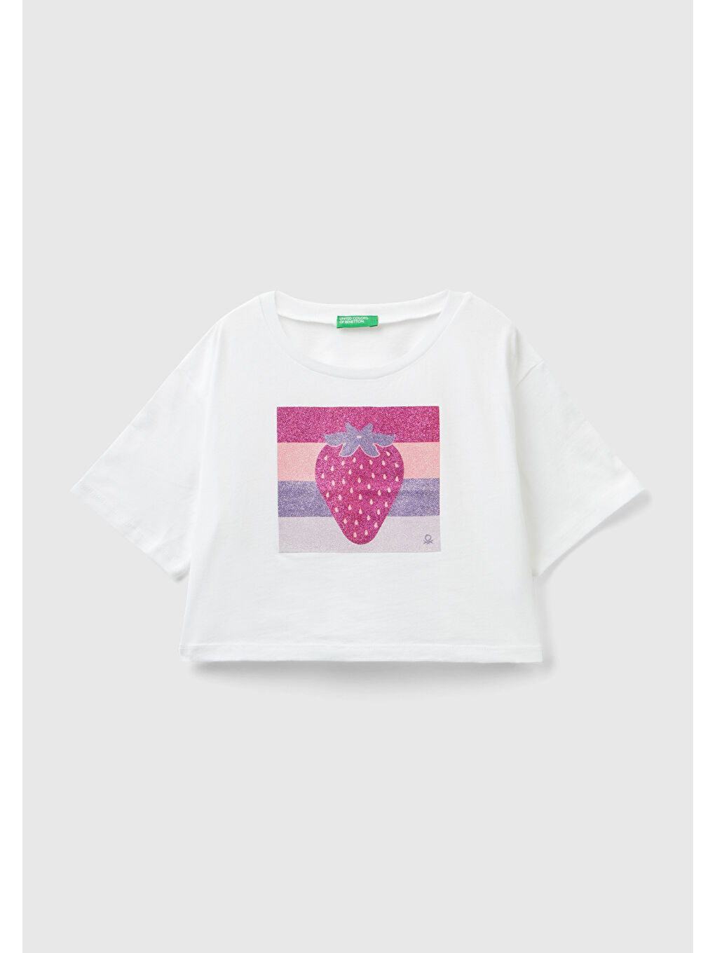 United Colors Of Benetton Beyaz Kız Çocuk Beyaz Önü Parlak Grafik Baskılı Bisiklet Yaka Crop T-Shirt