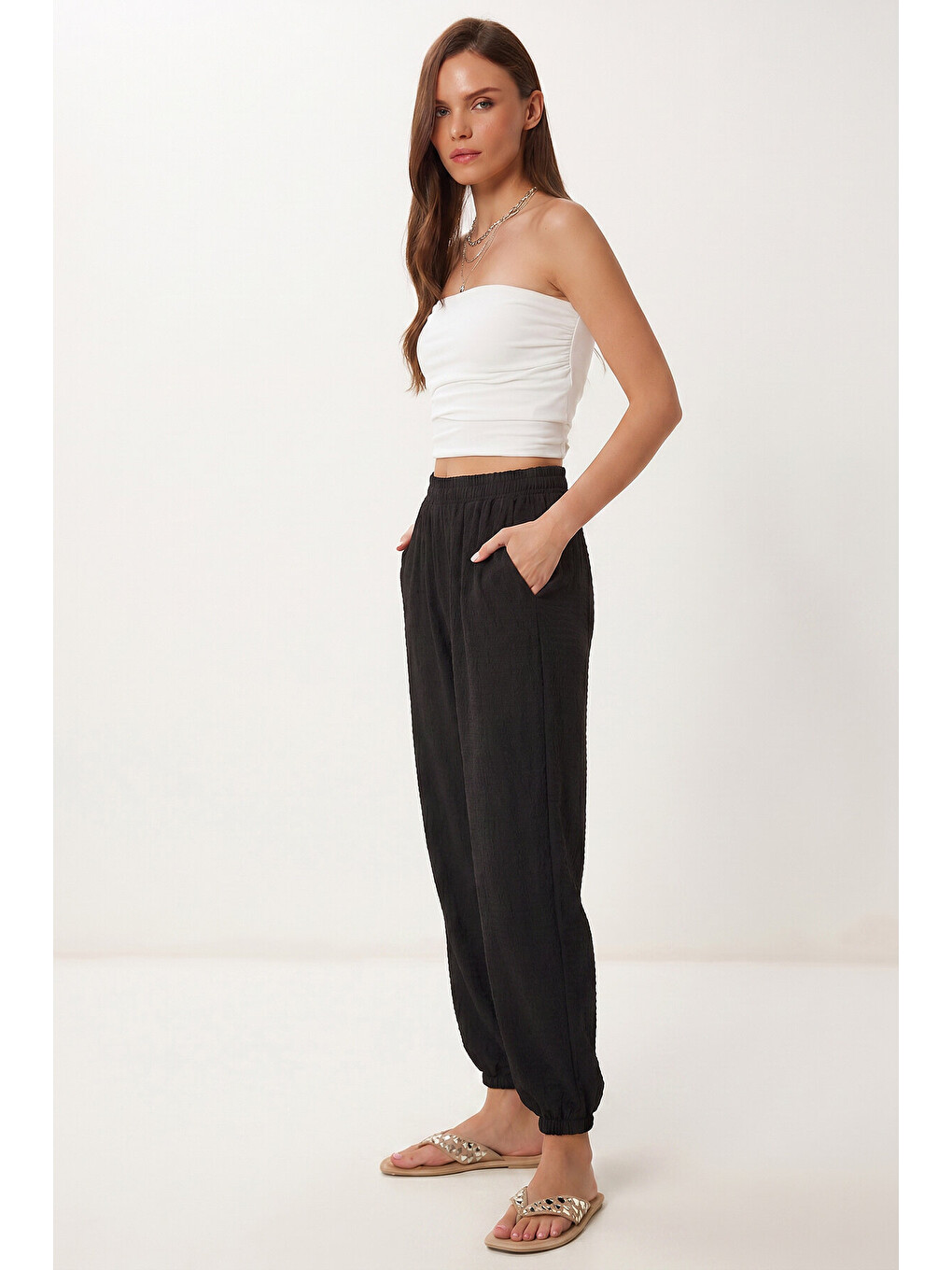 Siyah Cepli Rahat Krinkıl Şalvar Pantolon SİYAH LFW0024-1