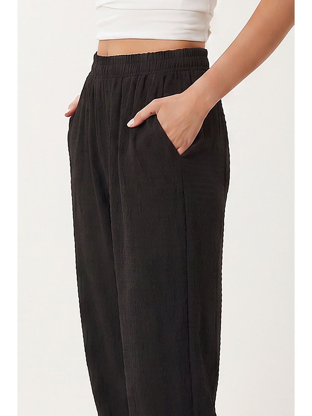 Siyah Cepli Rahat Krinkıl Şalvar Pantolon SİYAH LFW0024-2