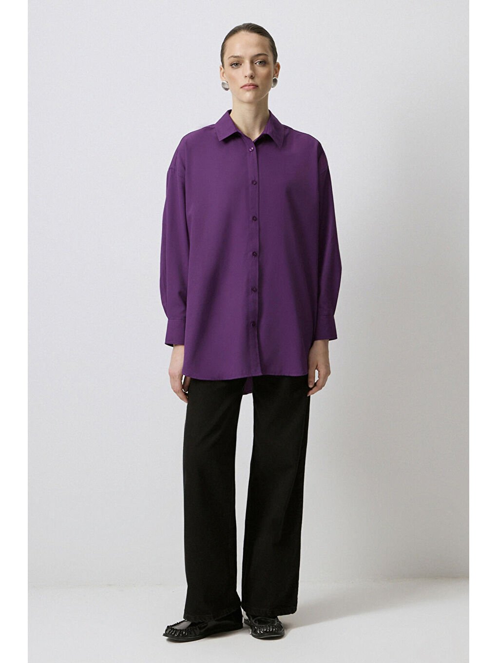 Mor Relax Fit Poplin Gömlek-1