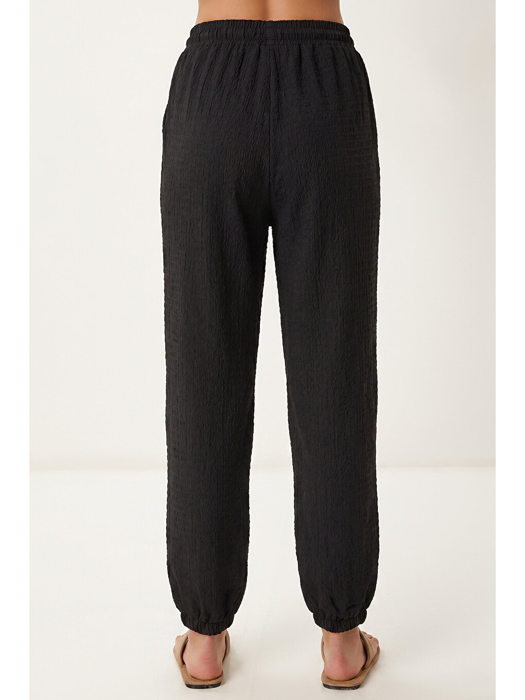 Siyah Cepli Rahat Krinkıl Şalvar Pantolon SİYAH LFW0024-3