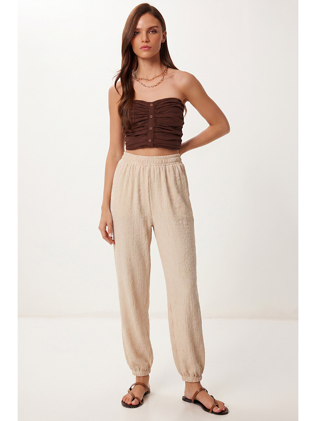 Ekru Cepli Rahat Krinkıl Şalvar Pantolon Krem Lfw0024