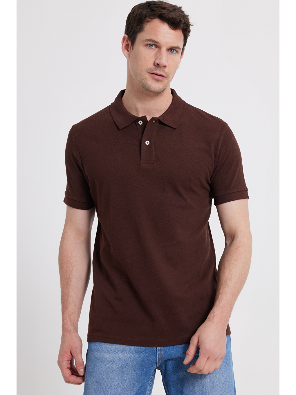 Erkek Slim Fit Dar Kesim %100 Pamuk Kahverengi Polo Yaka Tişört
