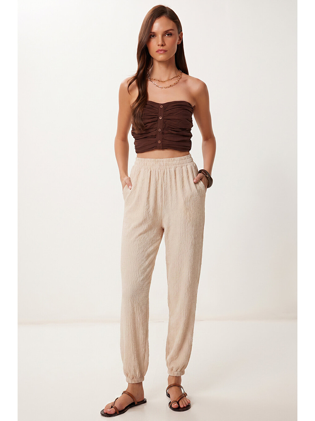 Ekru Cepli Rahat Krinkıl Şalvar Pantolon Krem Lfw0024-1